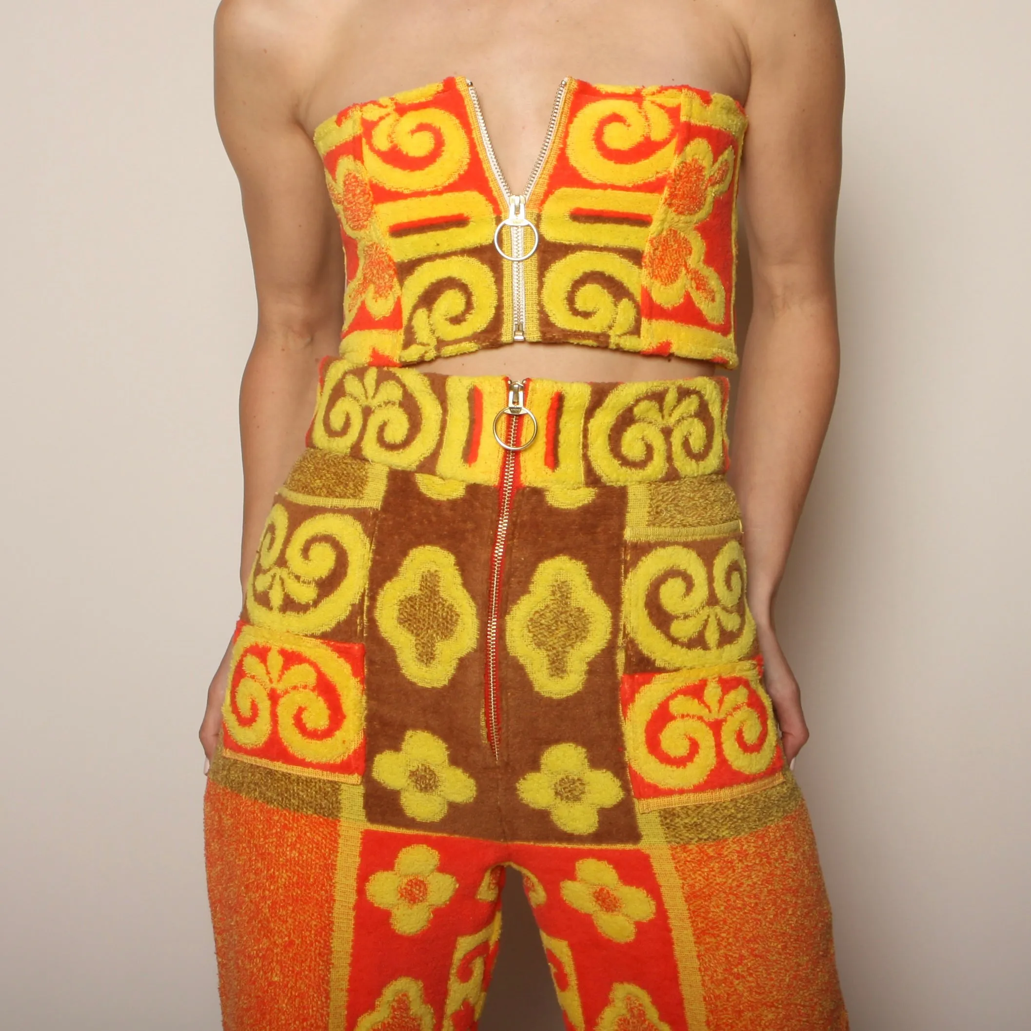 60's Tiki Floral Cotton Towel Pants   Zip Bandeau Set