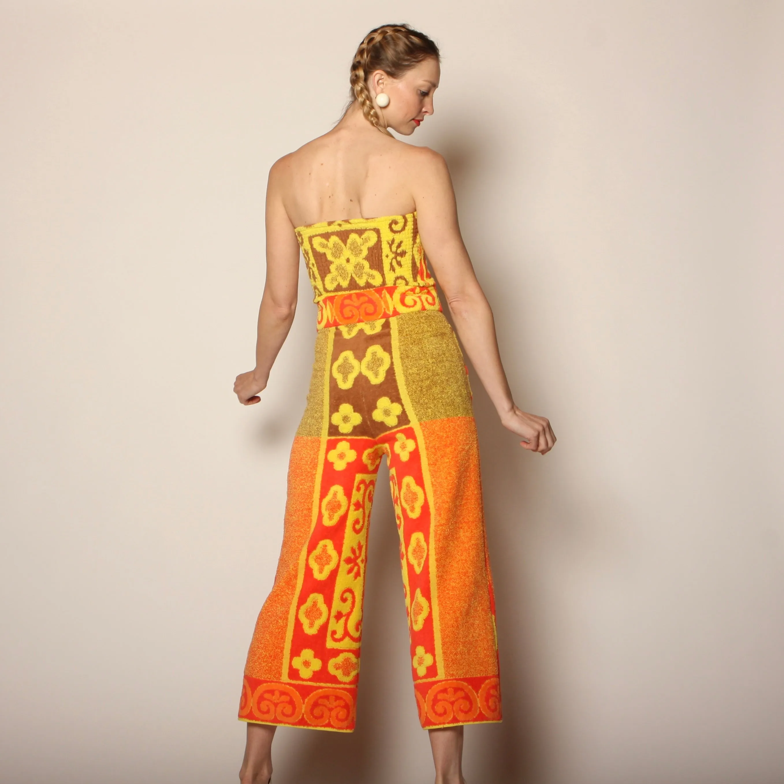 60's Tiki Floral Cotton Towel Pants   Zip Bandeau Set