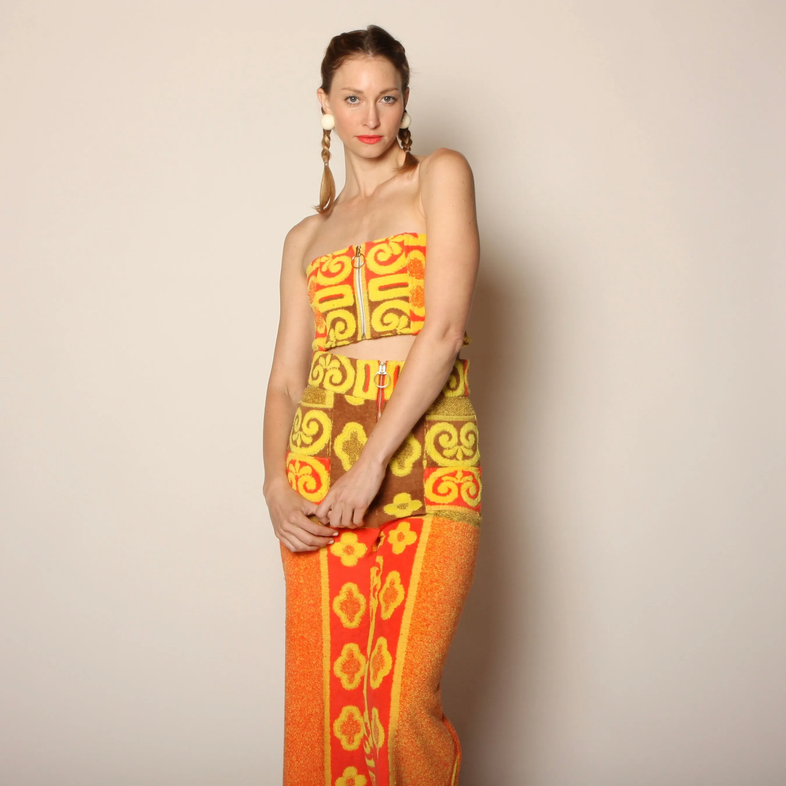 60's Tiki Floral Cotton Towel Pants   Zip Bandeau Set