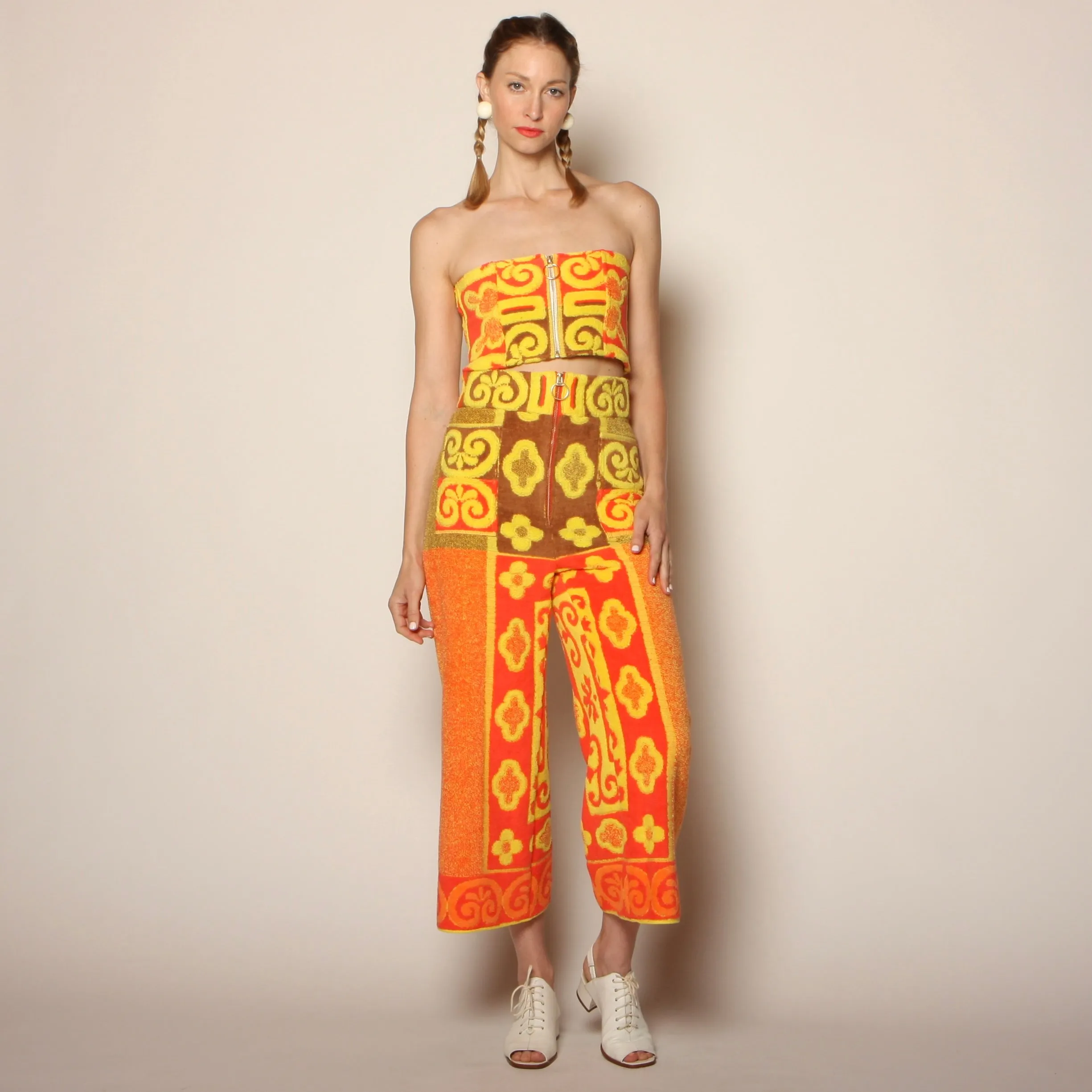 60's Tiki Floral Cotton Towel Pants   Zip Bandeau Set