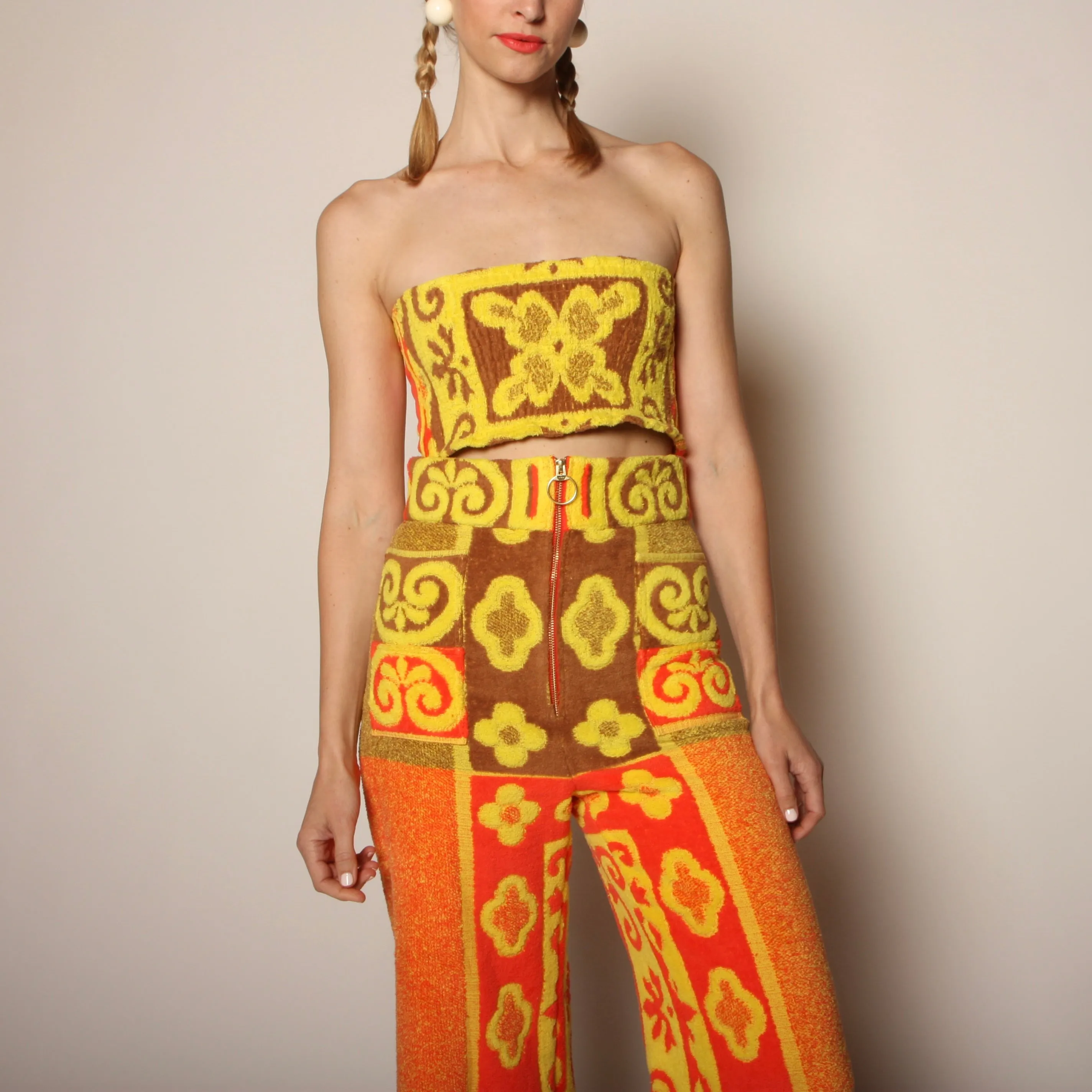 60's Tiki Floral Cotton Towel Pants   Zip Bandeau Set