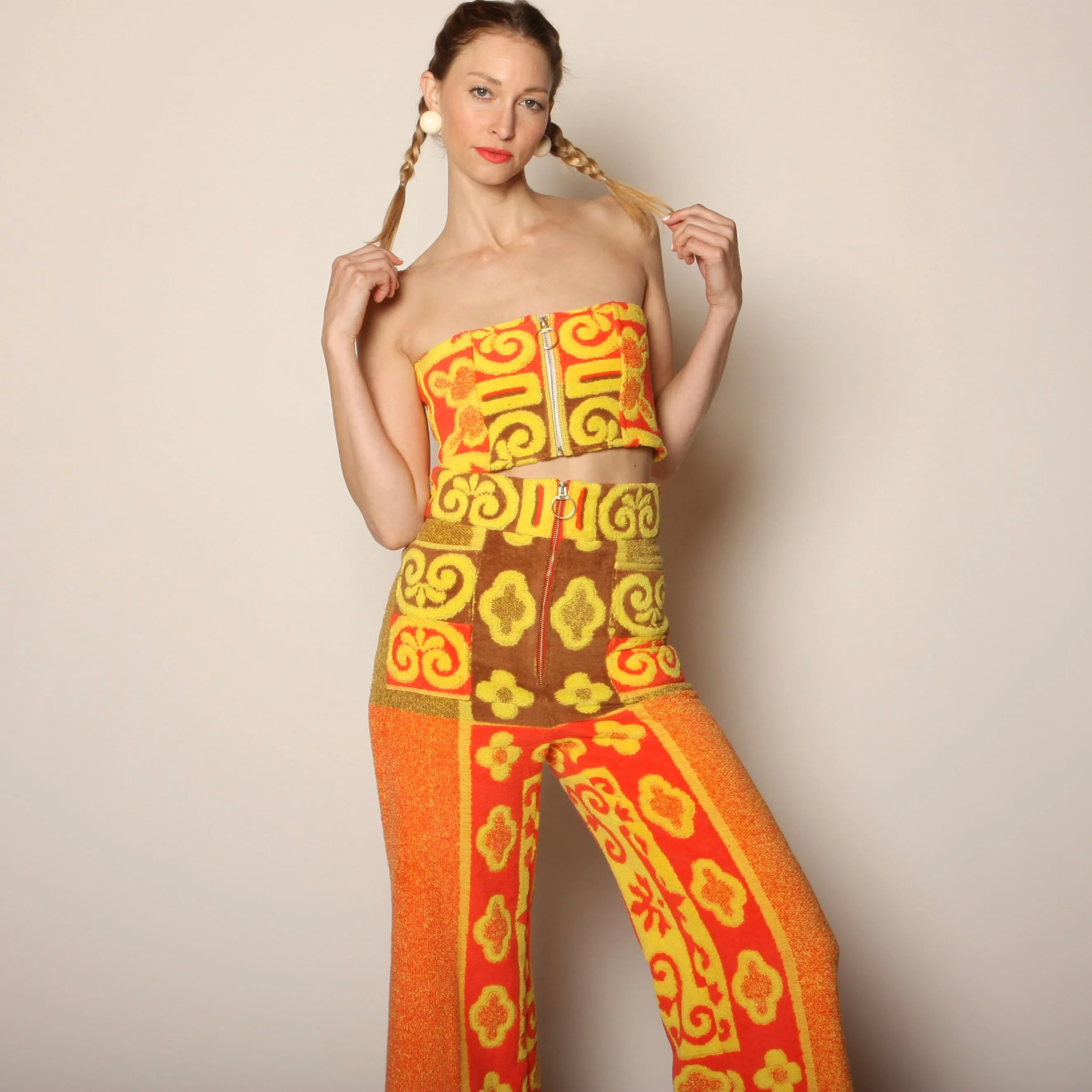 60's Tiki Floral Cotton Towel Pants   Zip Bandeau Set