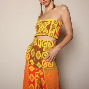 60's Tiki Floral Cotton Towel Pants   Zip Bandeau Set