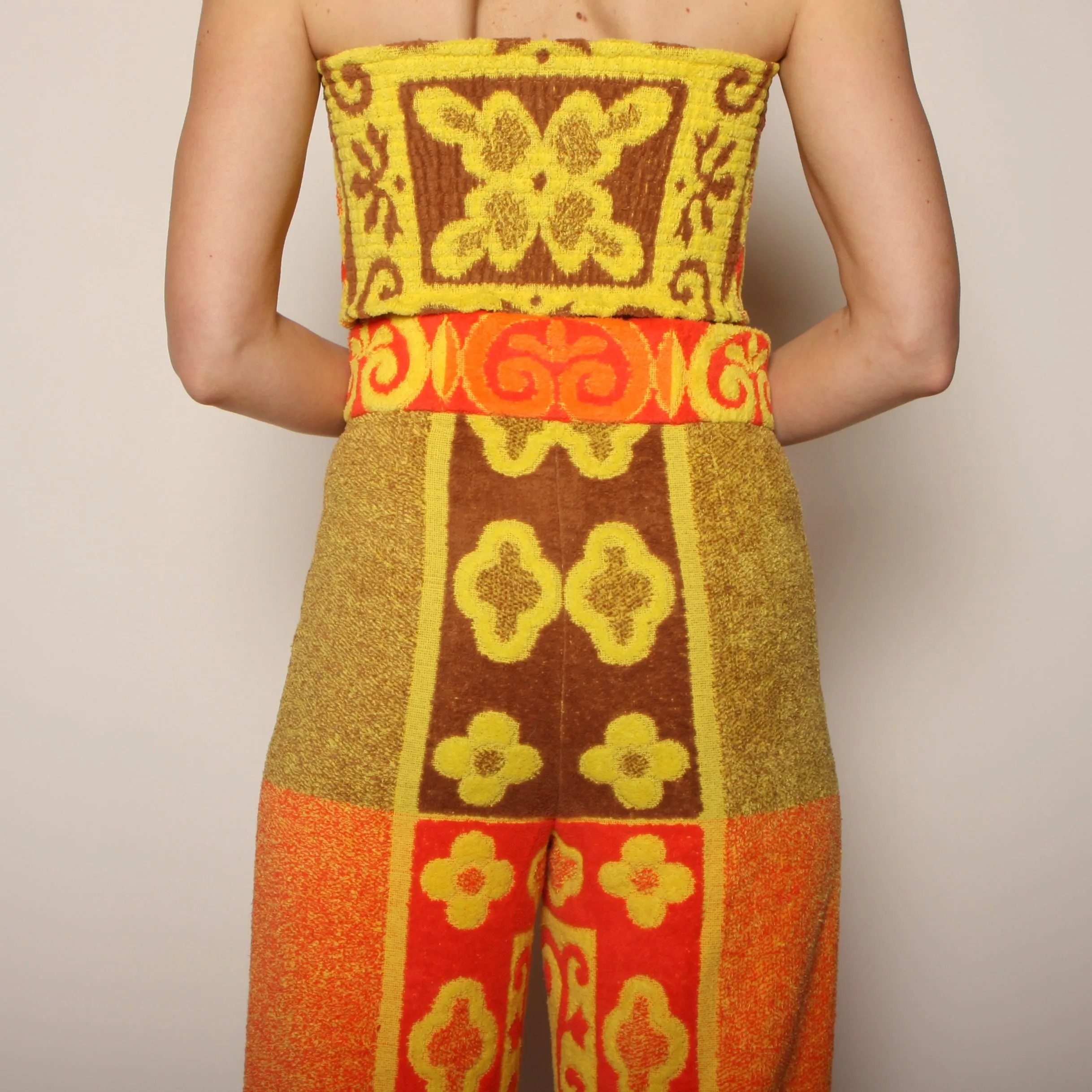 60's Tiki Floral Cotton Towel Pants   Zip Bandeau Set