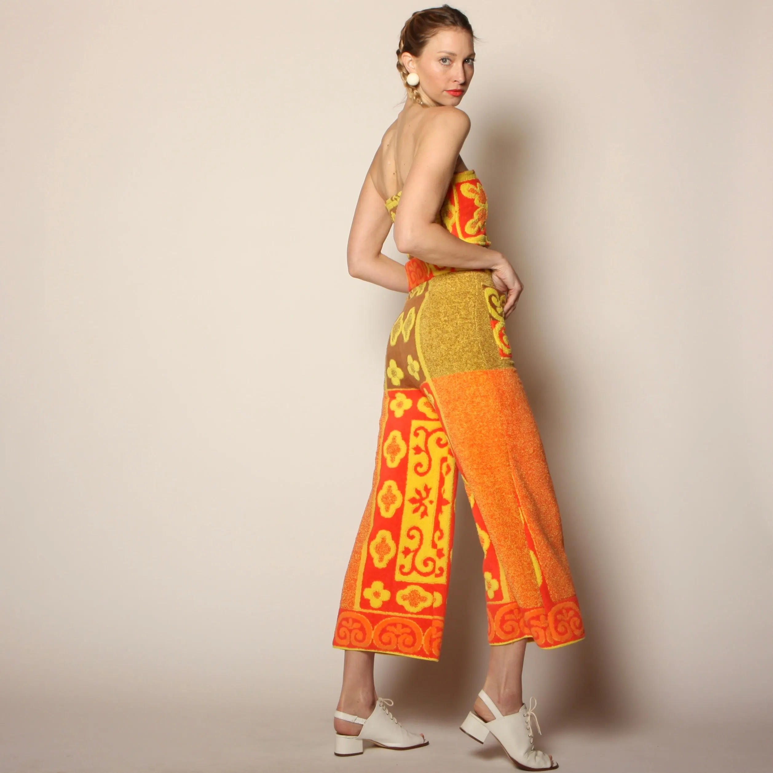 60's Tiki Floral Cotton Towel Pants   Zip Bandeau Set