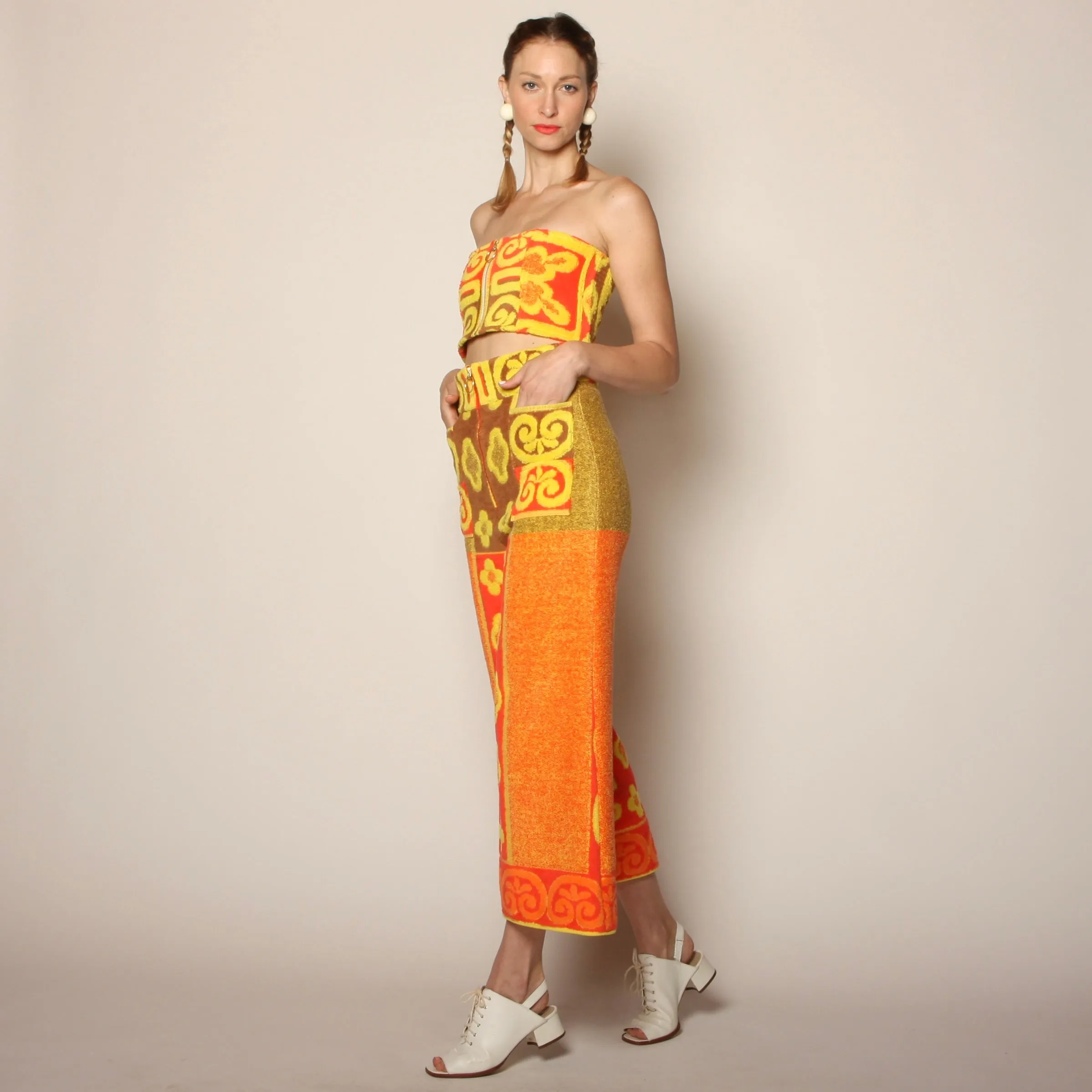 60's Tiki Floral Cotton Towel Pants   Zip Bandeau Set