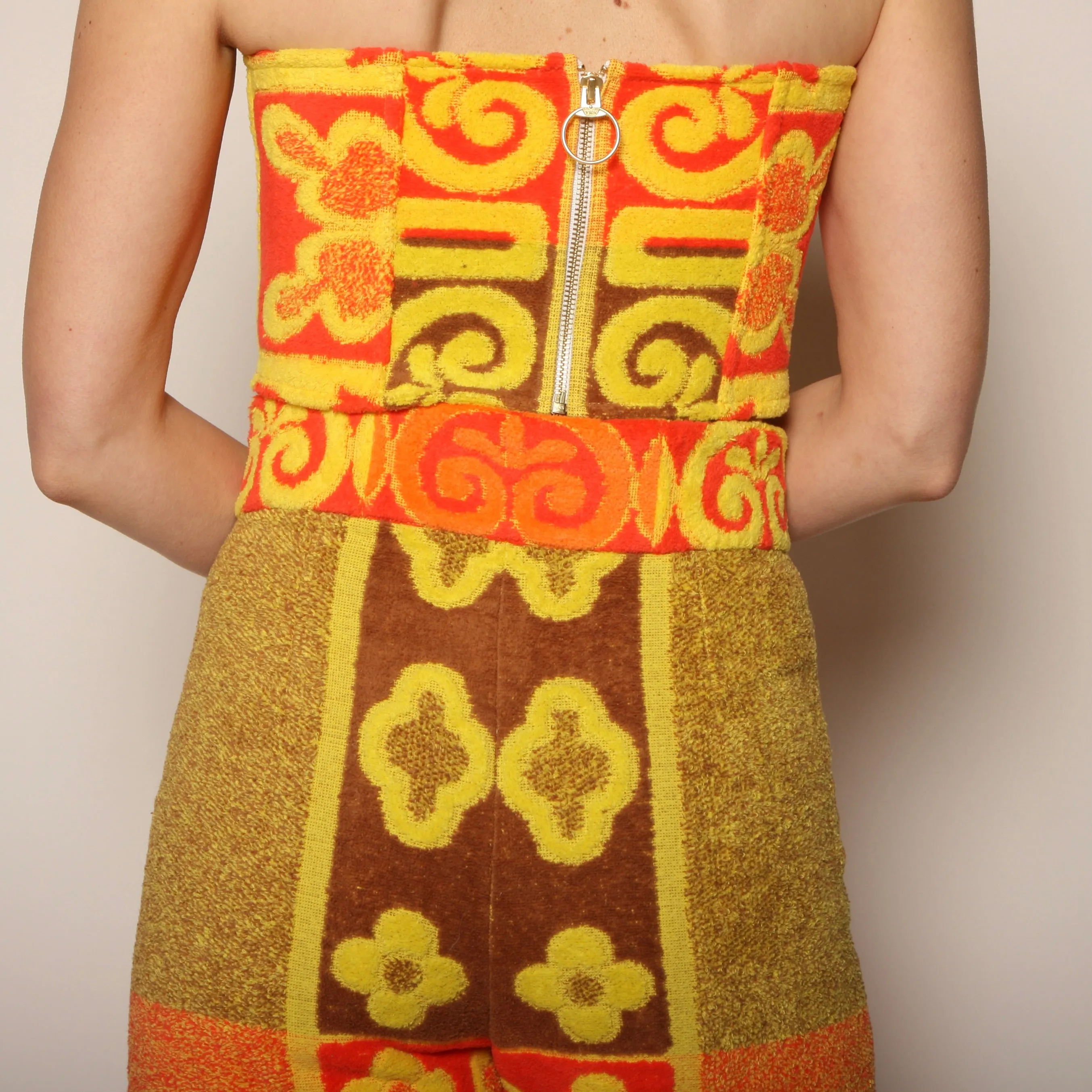 60's Tiki Floral Cotton Towel Pants   Zip Bandeau Set