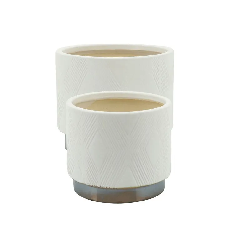 6"/8" Diamond Metallic Planters Set of 2 - White