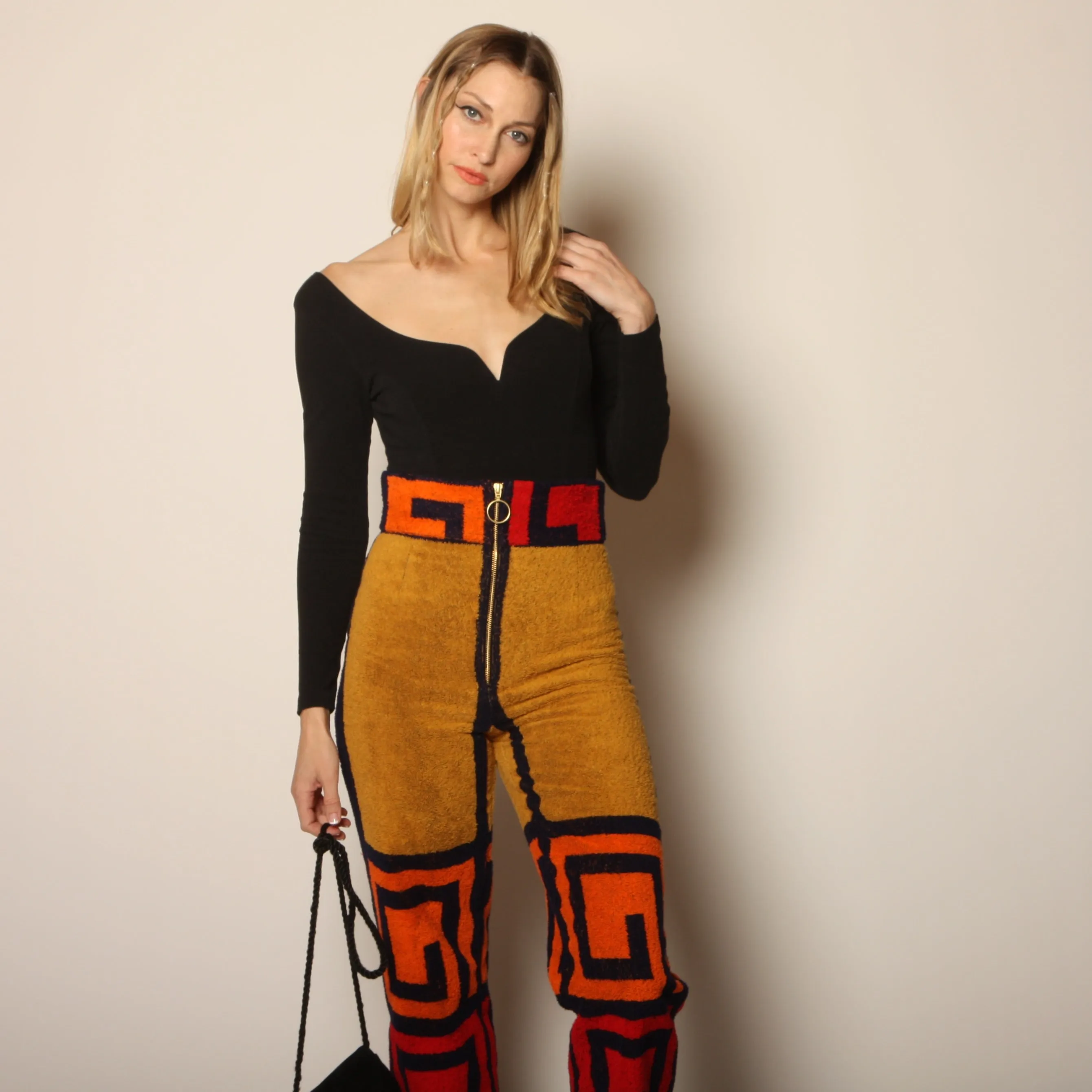 70's Graphic Greek Key High Waist Towel Pants