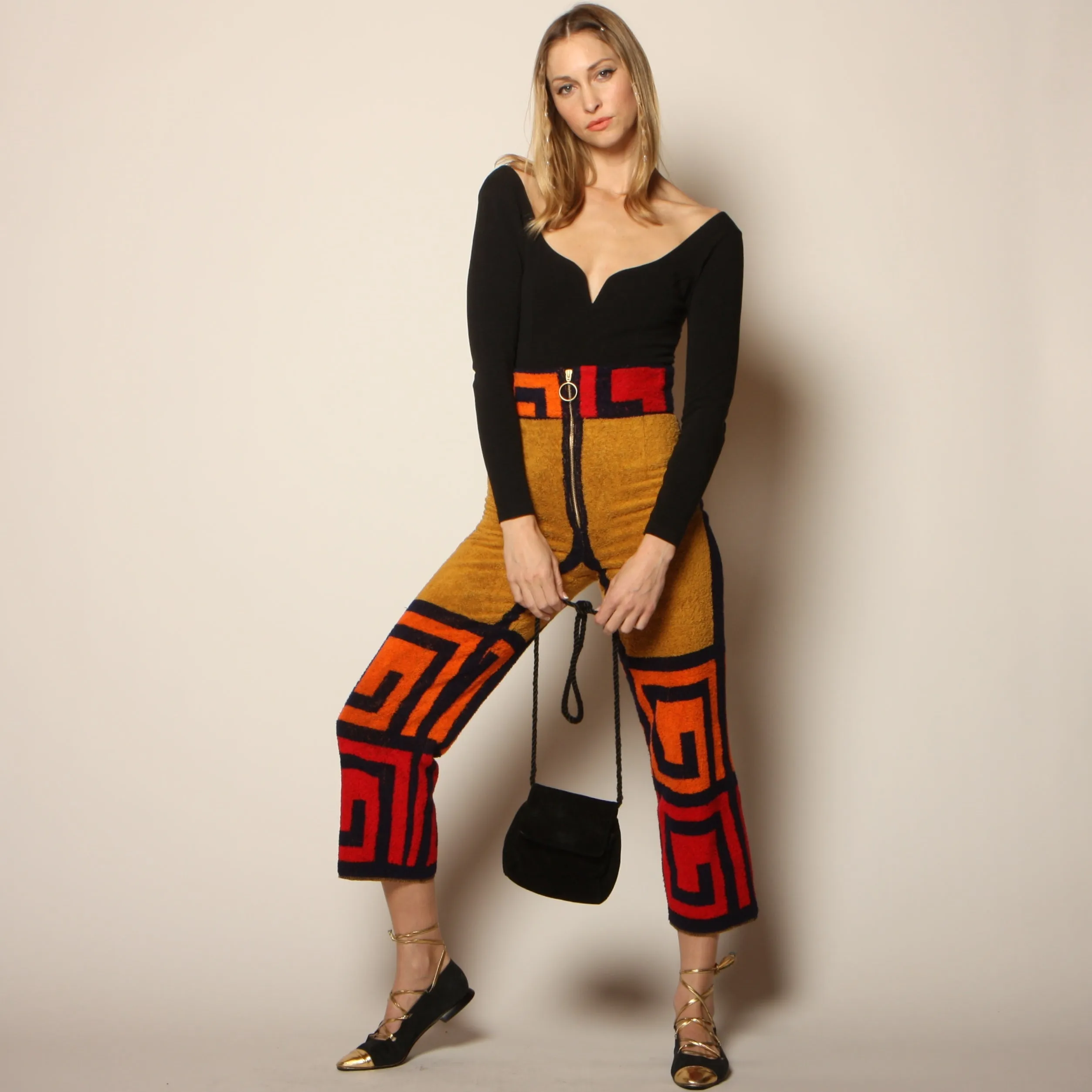 70's Graphic Greek Key High Waist Towel Pants