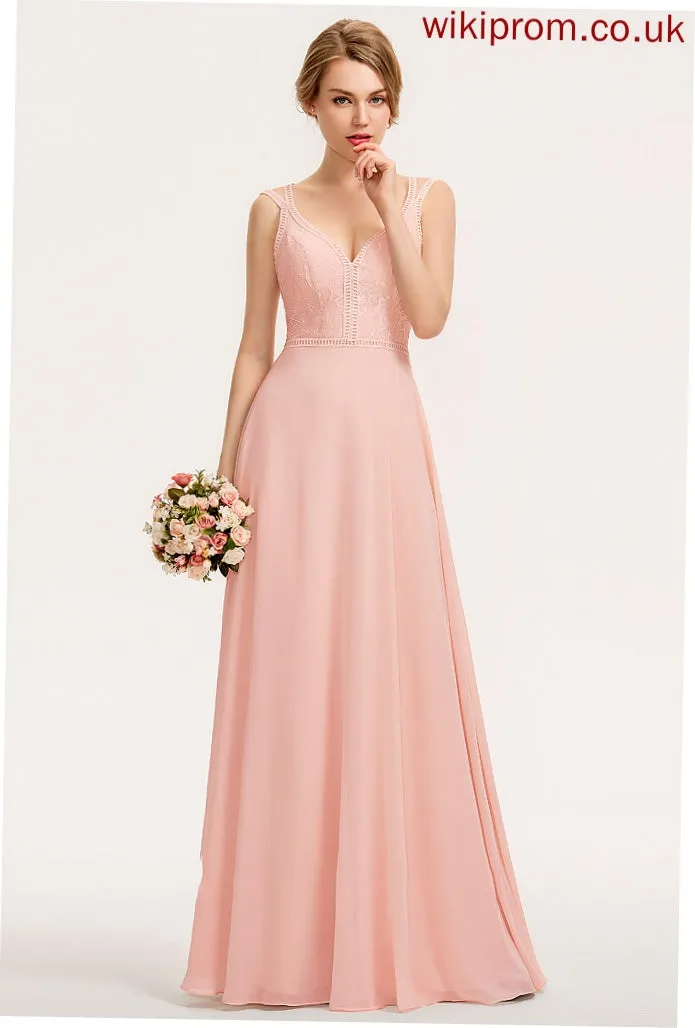 A-Line Floor-Length Silhouette Fabric Neckline V-neck Straps Lace Length Aleah Natural Waist Floor Length Bridesmaid Dresses