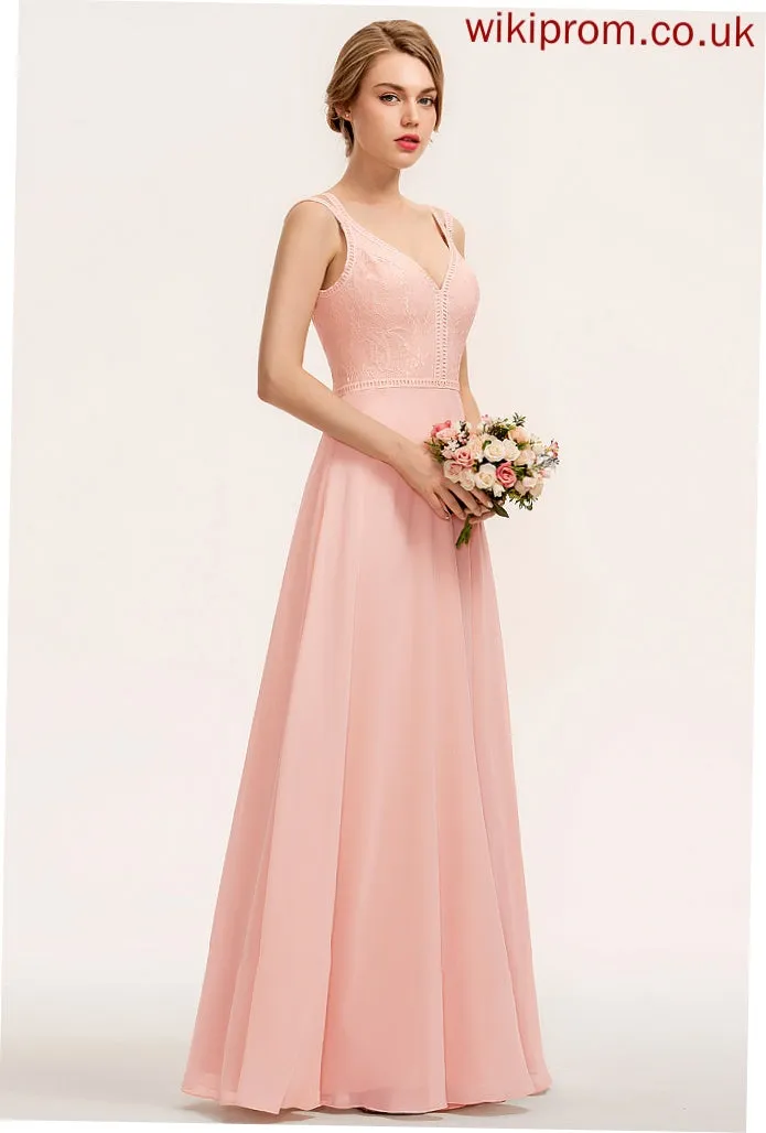 A-Line Floor-Length Silhouette Fabric Neckline V-neck Straps Lace Length Aleah Natural Waist Floor Length Bridesmaid Dresses