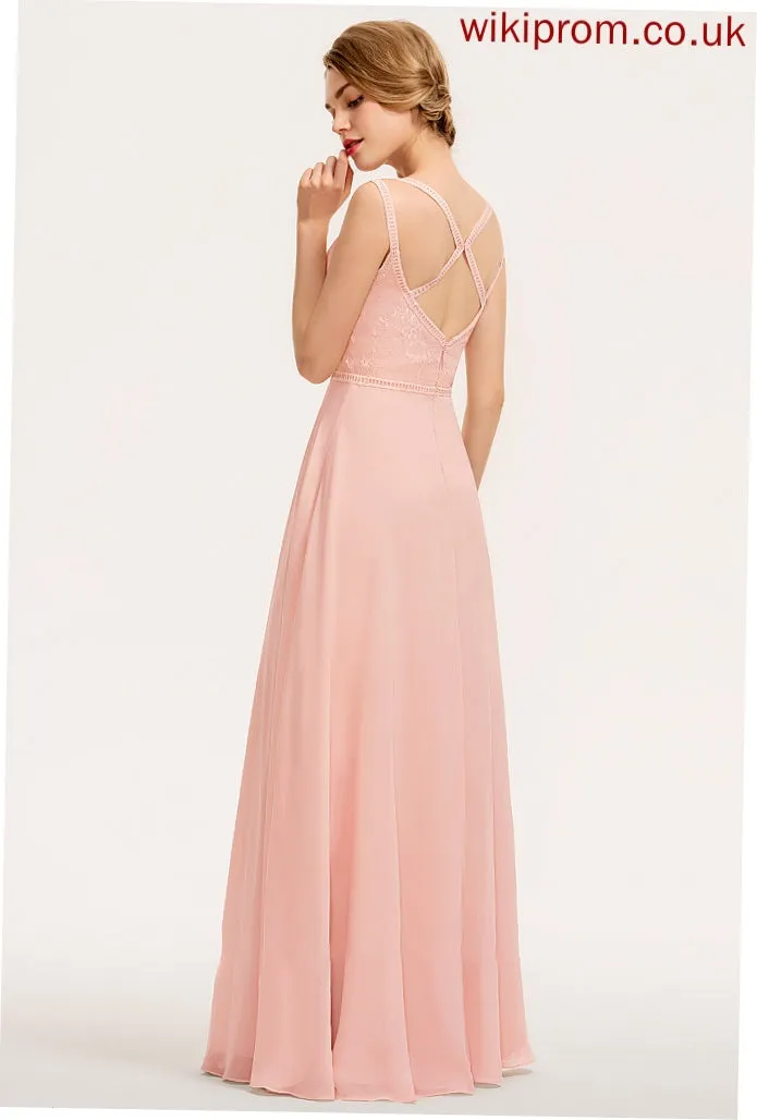 A-Line Floor-Length Silhouette Fabric Neckline V-neck Straps Lace Length Aleah Natural Waist Floor Length Bridesmaid Dresses