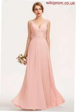 A-Line Floor-Length Silhouette Fabric Neckline V-neck Straps Lace Length Aleah Natural Waist Floor Length Bridesmaid Dresses