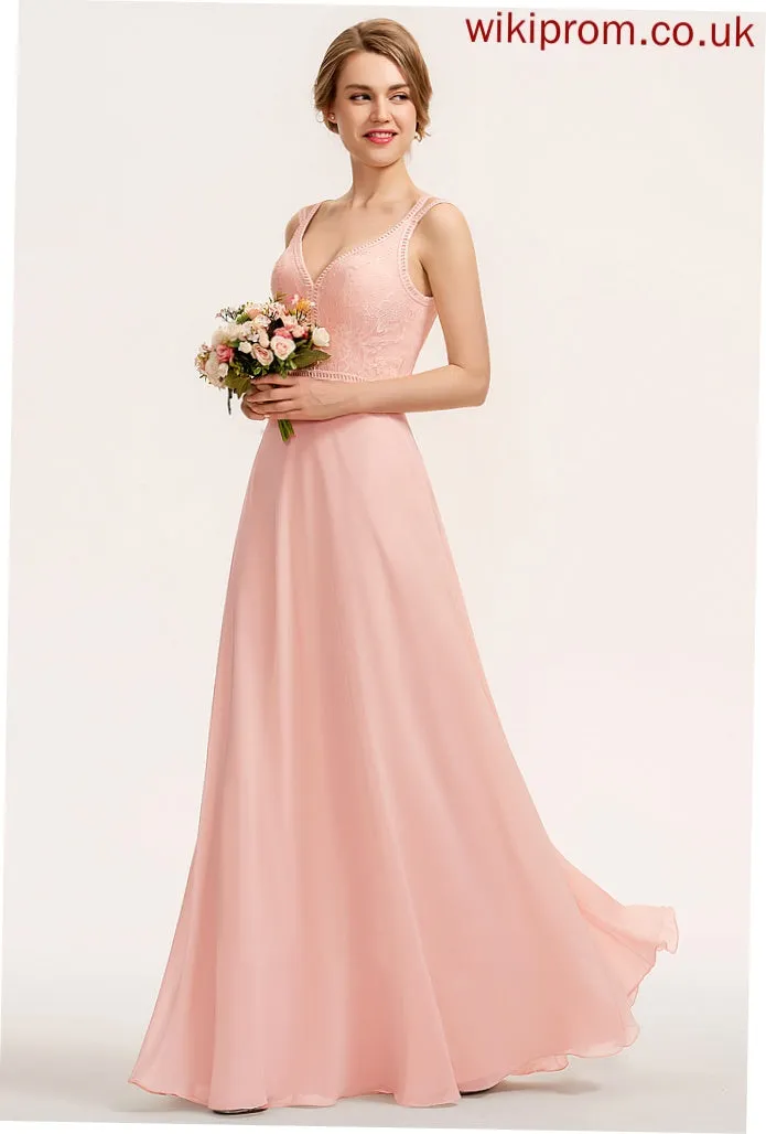 A-Line Floor-Length Silhouette Fabric Neckline V-neck Straps Lace Length Aleah Natural Waist Floor Length Bridesmaid Dresses