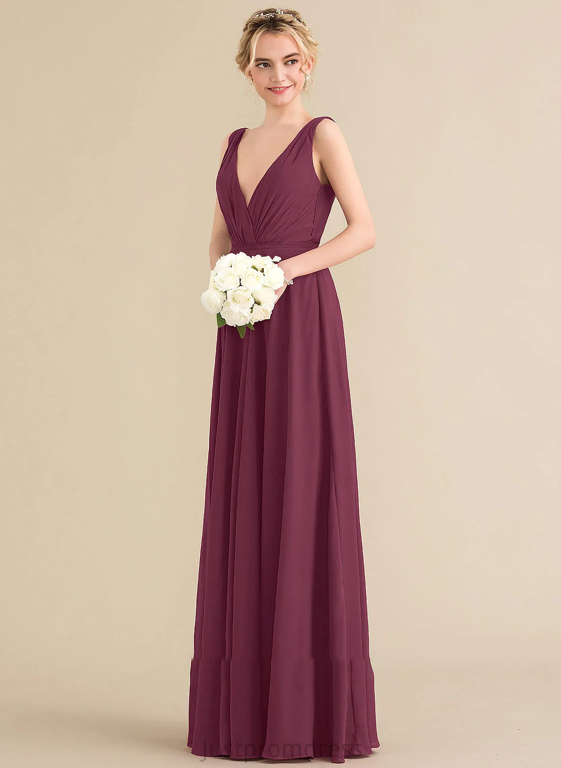 A-Line Length Neckline Ruffle V-neck Floor-Length Embellishment Silhouette Fabric Giada V-Neck Sleeveless Bridesmaid Dresses