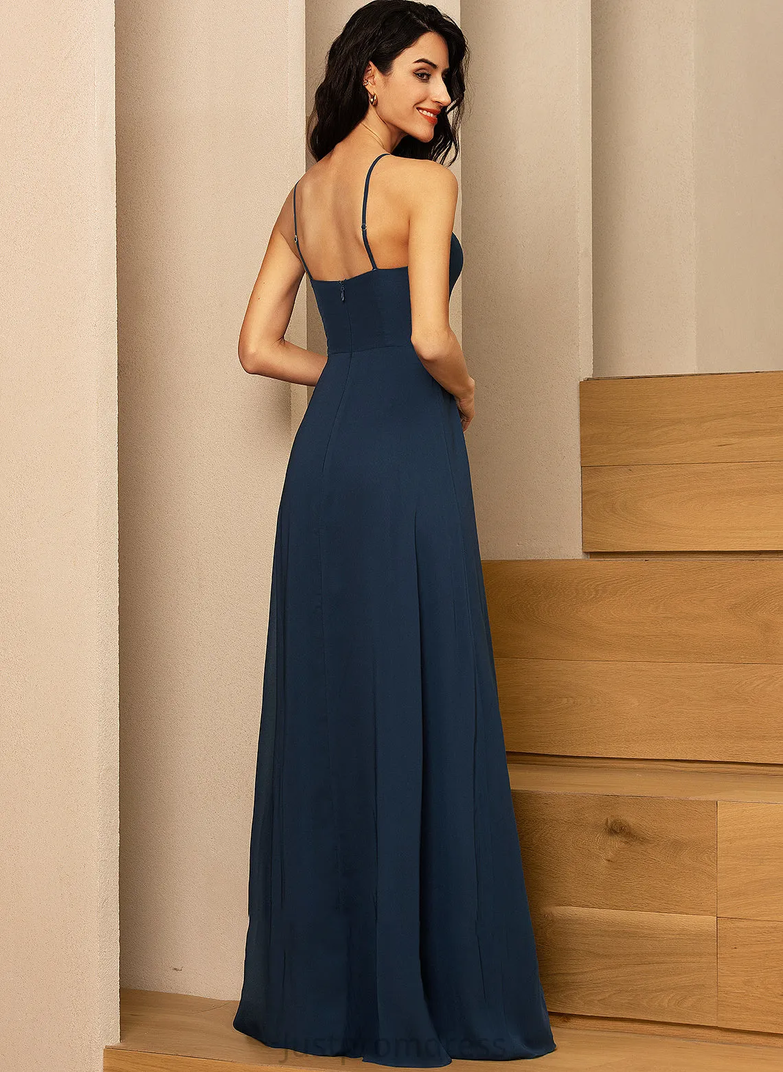 A-Line With Split Neckline Floor-Length Virginia Chiffon Prom Dresses Square Front