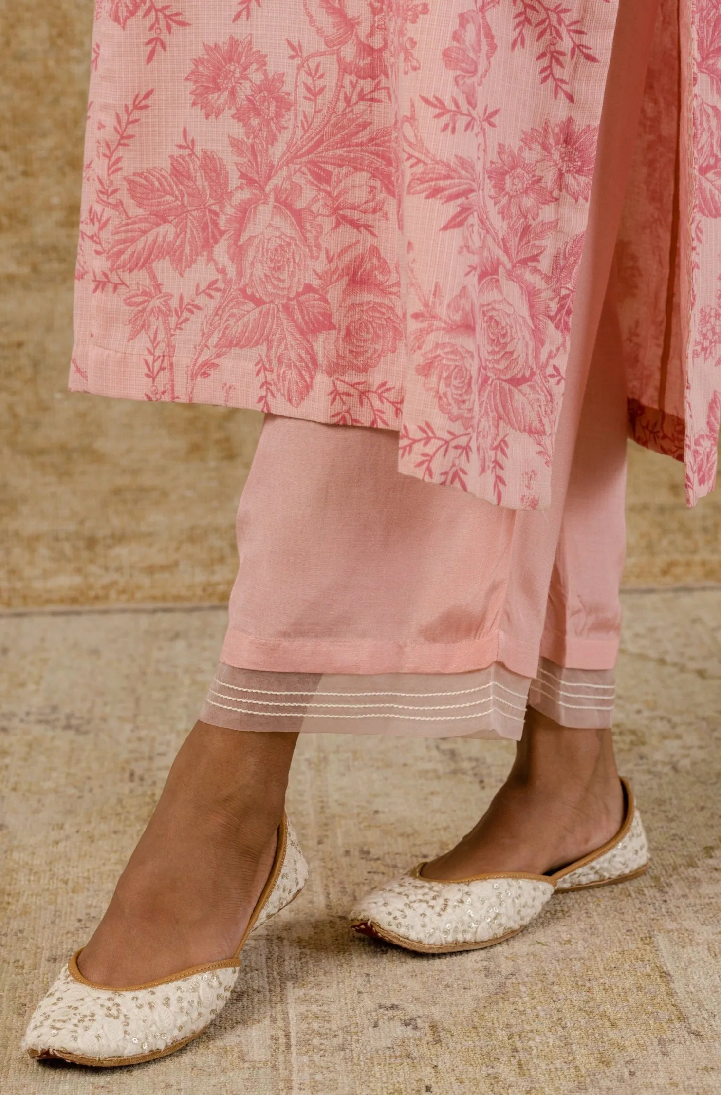 Alia Bhatt in Blush Pink Block Printed Kota Kurta Set