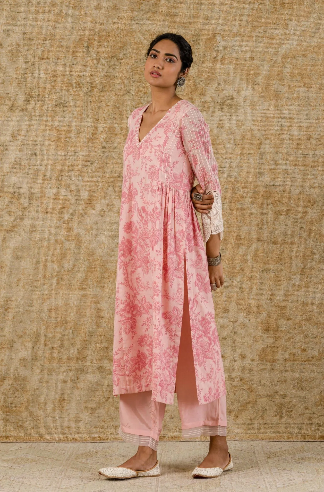 Alia Bhatt in Blush Pink Block Printed Kota Kurta Set