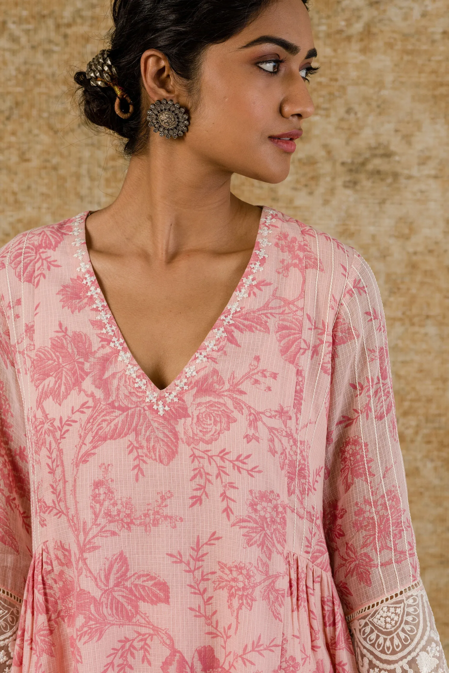 Alia Bhatt in Blush Pink Block Printed Kota Kurta Set