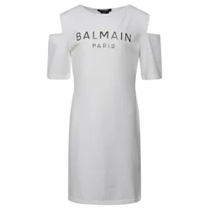 Balmain Girl's Cut-Off Shoulder Dress White BS1B11-X0001-100
