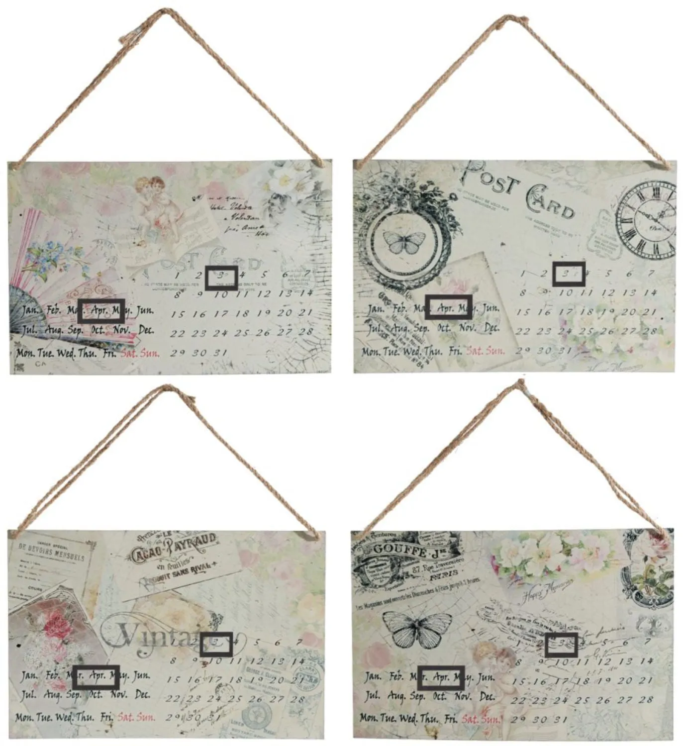 Benzara 4 Piece Postcard Style Metal Calendar Wall Decor Set with Rope Hanger, Multicolor