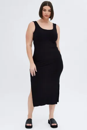 Black Bodycon Dress Rib Jersey Sleeveless Midi