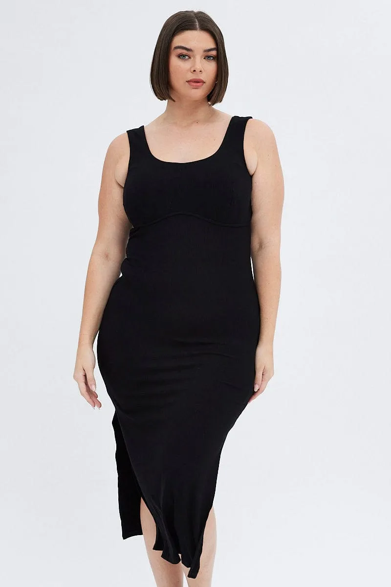 Black Bodycon Dress Rib Jersey Sleeveless Midi