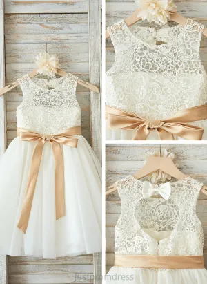 Bow(s) Scoop Junior Bridesmaid Dresses Tulle Neck A-Line Matilda Knee-Length Sash With