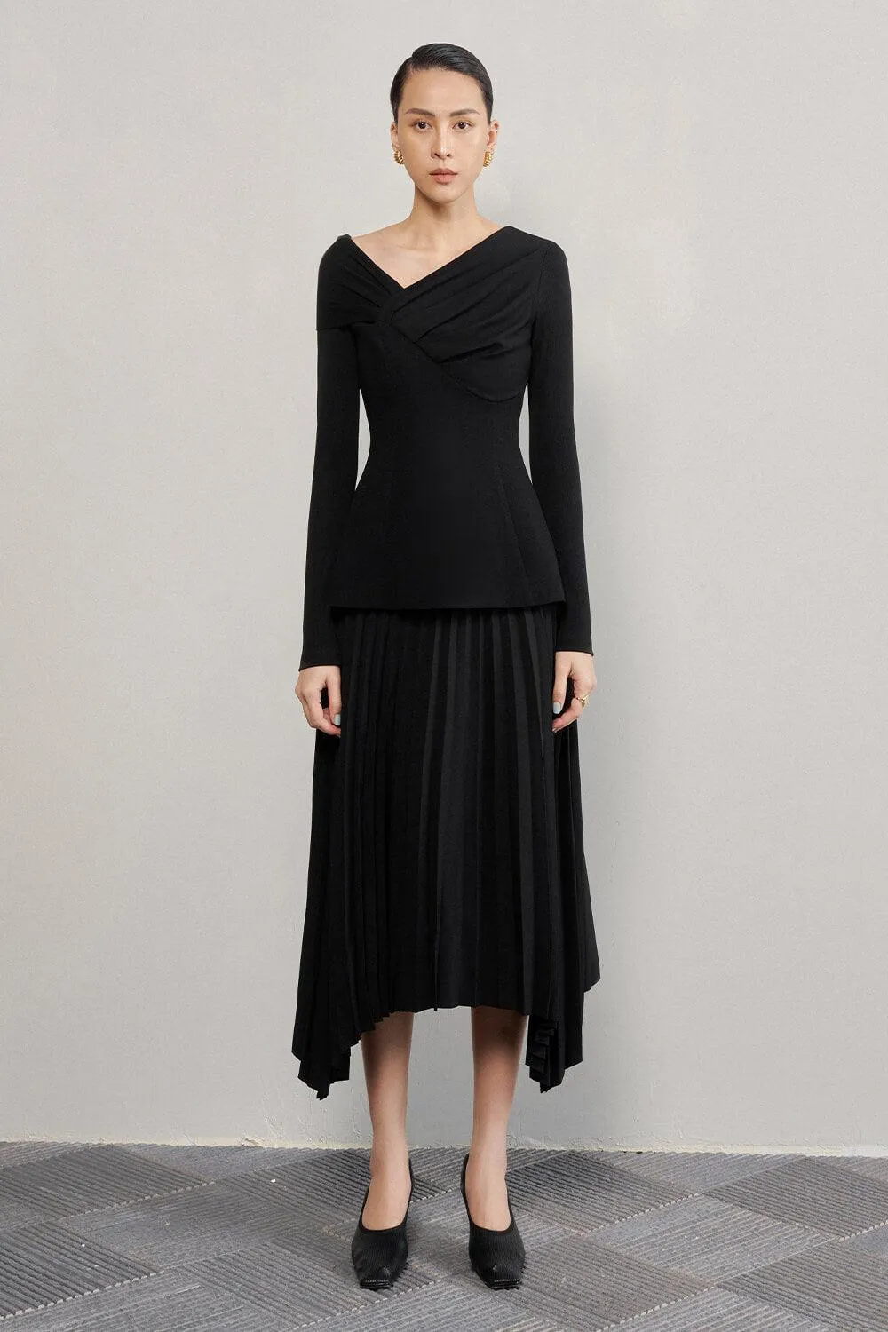 Brianna Sheath Asymmetric Neck Crinkle Crepe Top