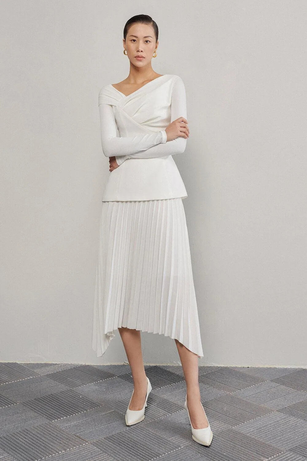 Brianna Sheath Asymmetric Neck Crinkle Crepe Top