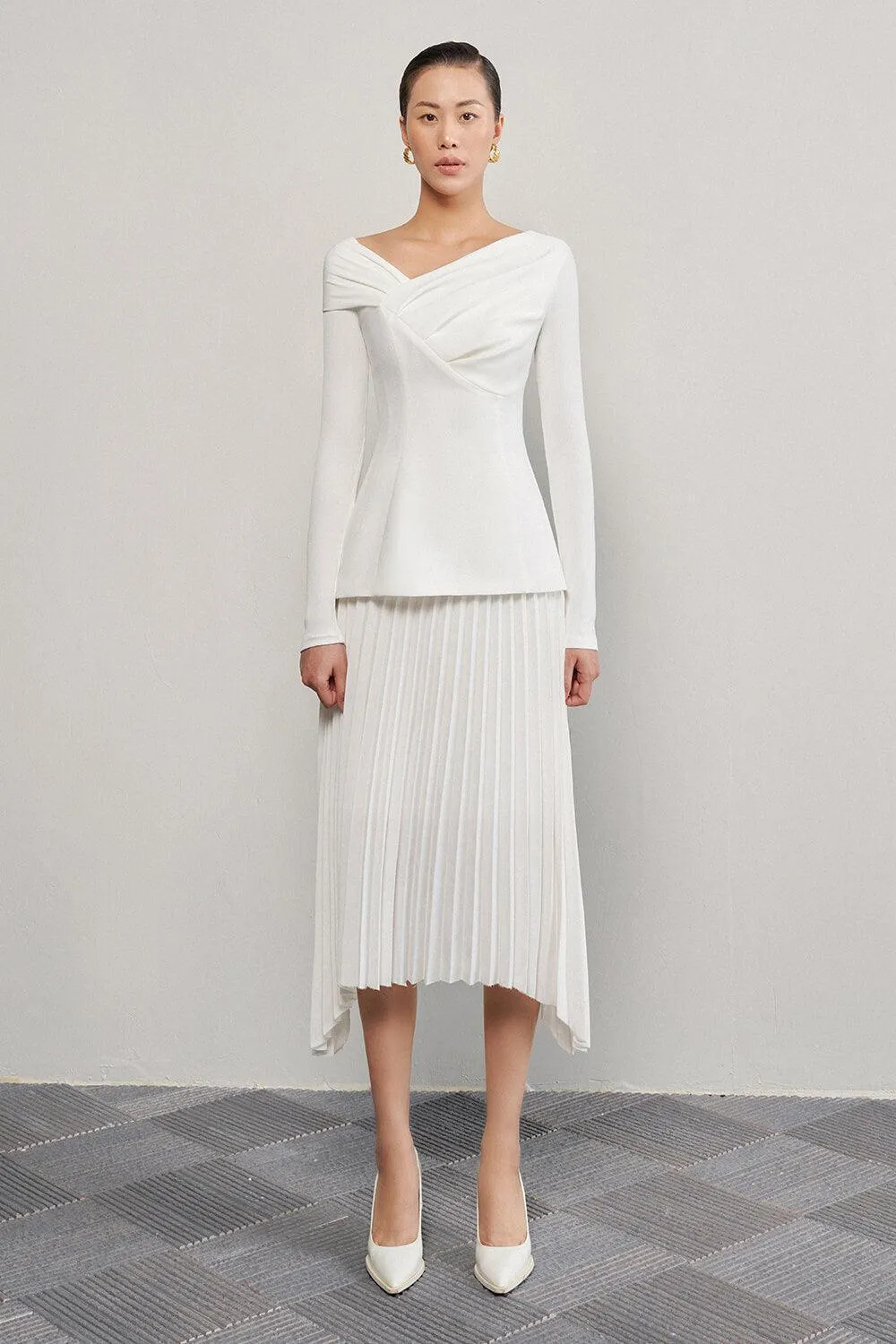 Brianna Sheath Asymmetric Neck Crinkle Crepe Top