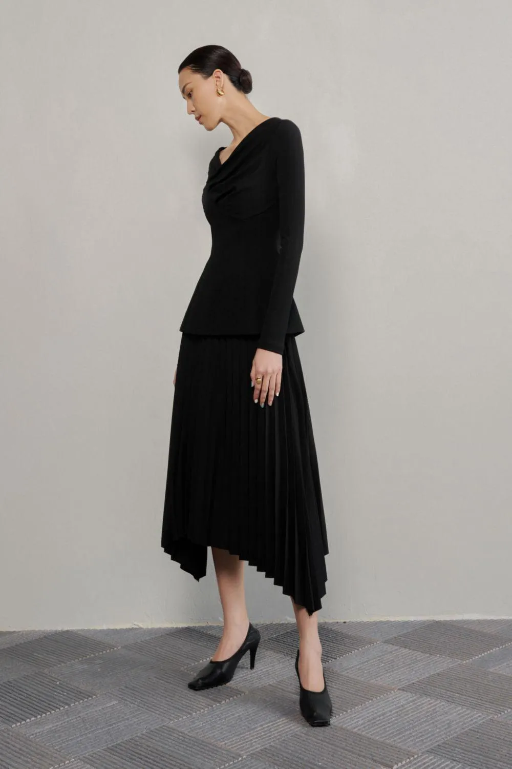 Brianna Sheath Asymmetric Neck Crinkle Crepe Top