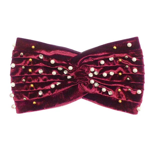Crystal Pearl Detailed Twisted Velvet Headband Earmuff