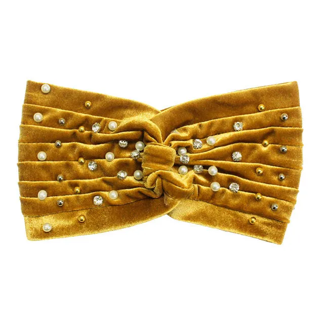 Crystal Pearl Detailed Twisted Velvet Headband Earmuff