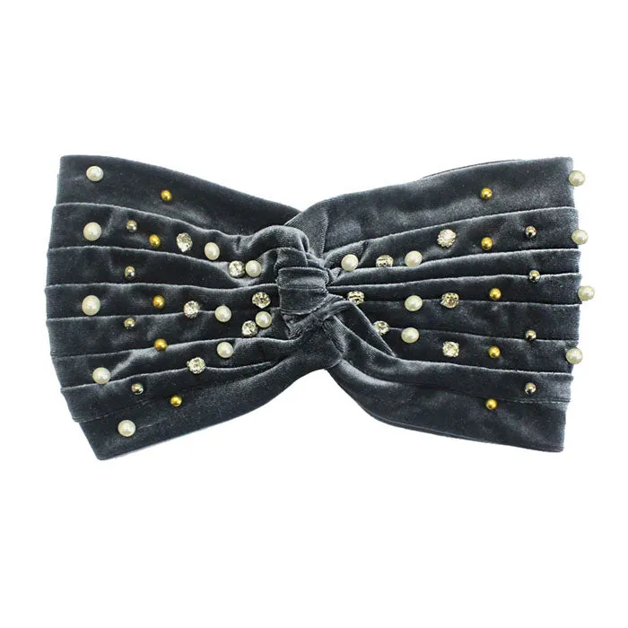 Crystal Pearl Detailed Twisted Velvet Headband Earmuff