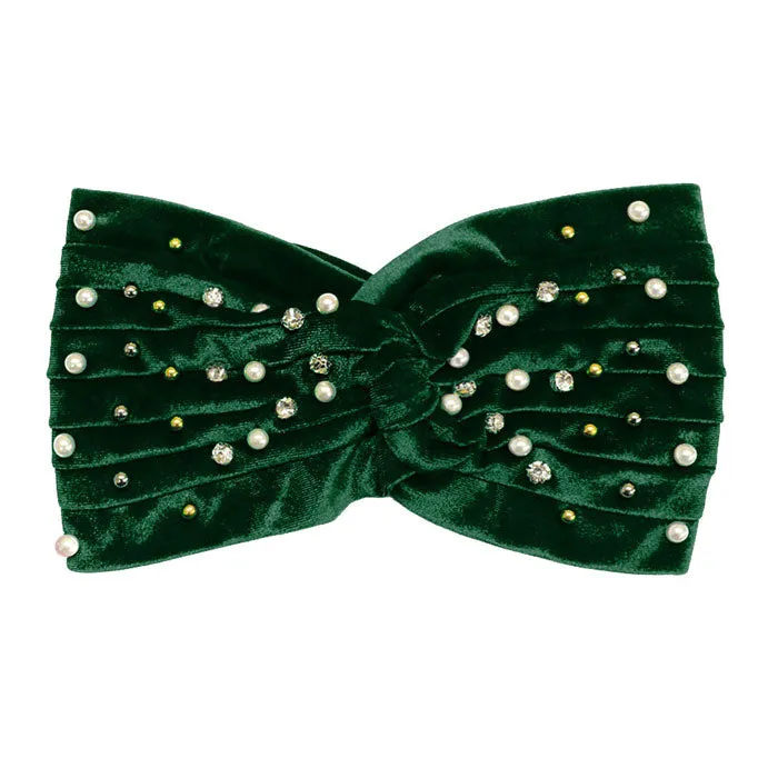 Crystal Pearl Detailed Twisted Velvet Headband Earmuff