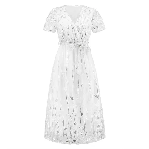 Ethereal Elegance: Embroidered Shimmering Mesh Mid-Length Evening Dress - V-Neck, Floral Adornments