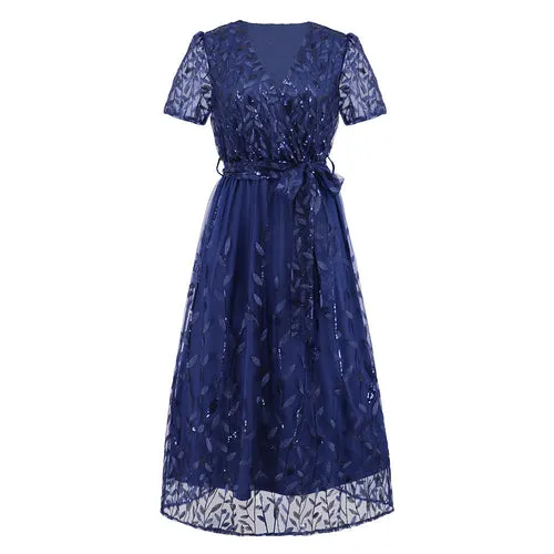 Ethereal Elegance: Embroidered Shimmering Mesh Mid-Length Evening Dress - V-Neck, Floral Adornments
