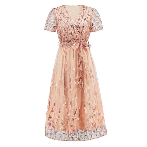 Ethereal Elegance: Embroidered Shimmering Mesh Mid-Length Evening Dress - V-Neck, Floral Adornments
