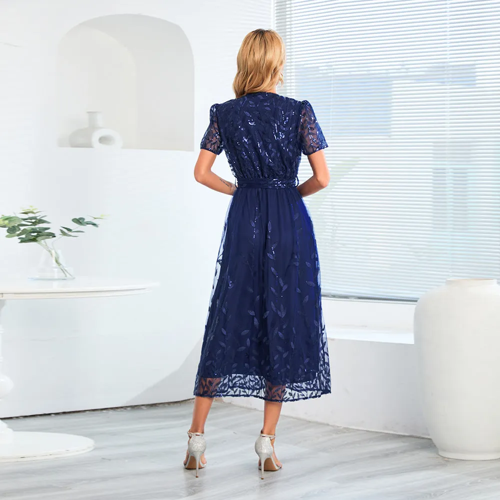 Ethereal Elegance: Embroidered Shimmering Mesh Mid-Length Evening Dress - V-Neck, Floral Adornments
