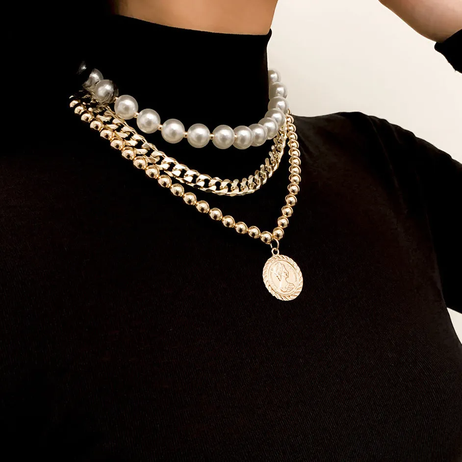 European and American Fusion Jewelry Set with Imitation Pearls, Geometric Shapes, and Sweet & Cool Beaded Portrait Necklace.