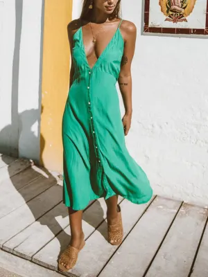Explore More Collection - Buttoned Plunge Midi Cami Dress