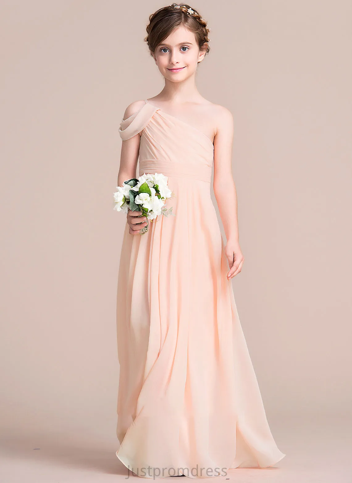 Floor-Length Junior Bridesmaid Dresses Ruffle Chiffon With Abigayle A-Line One-Shoulder