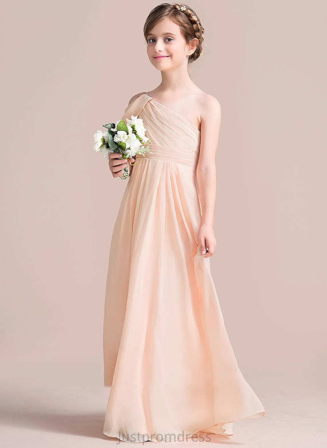 Floor-Length Junior Bridesmaid Dresses Ruffle Chiffon With Abigayle A-Line One-Shoulder