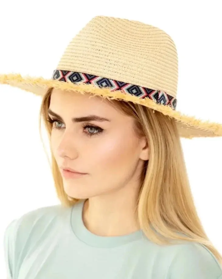 FRAYED TRIM AZTEC STRAW HAT