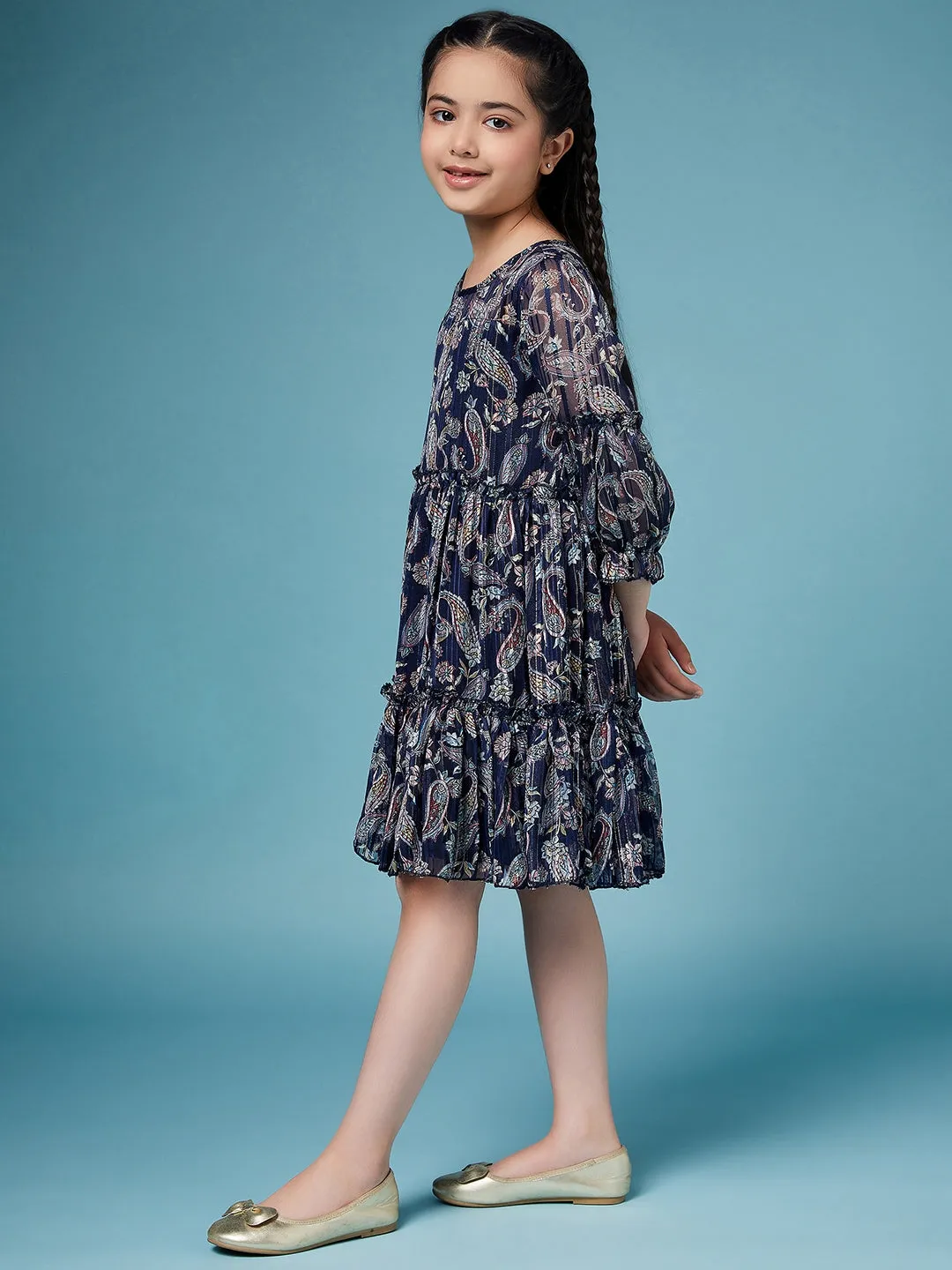 Girls Ethnic Motifs Printed Georgette A-Line Dress