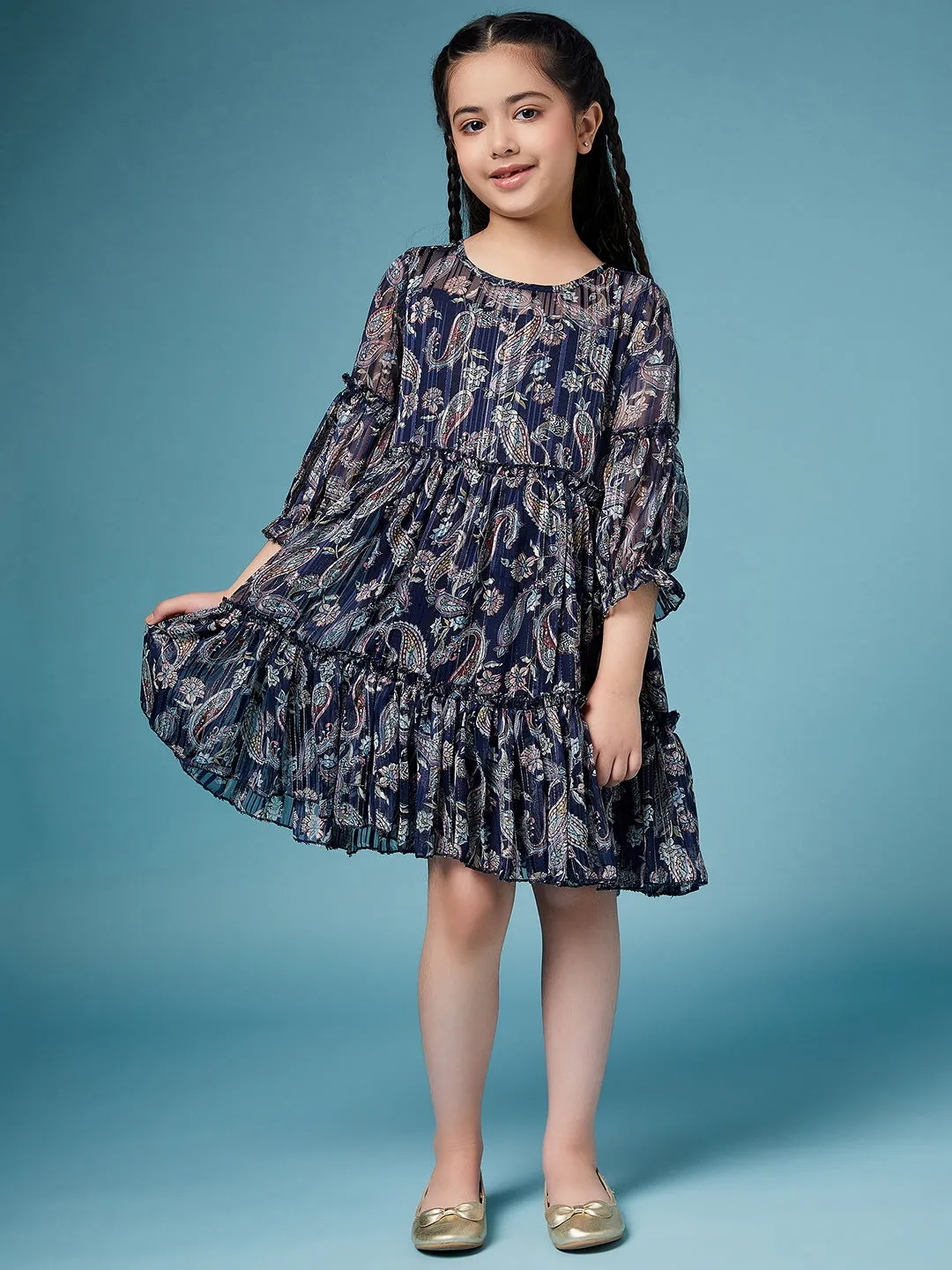 Girls Ethnic Motifs Printed Georgette A-Line Dress