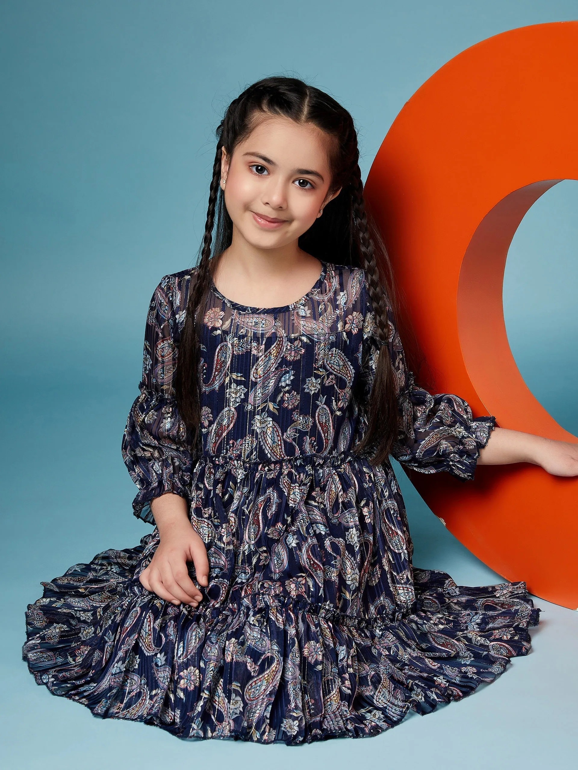 Girls Ethnic Motifs Printed Georgette A-Line Dress
