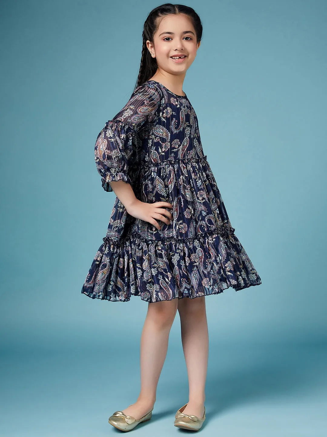 Girls Ethnic Motifs Printed Georgette A-Line Dress